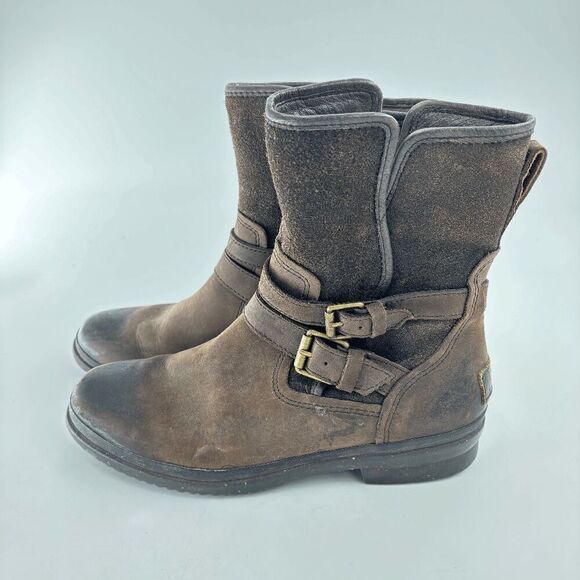 UGG 'Simmens' Brown Leather & Suede Shearling Lined Mini Boots Women's Sz. 8.5 - Picture 1 of 9